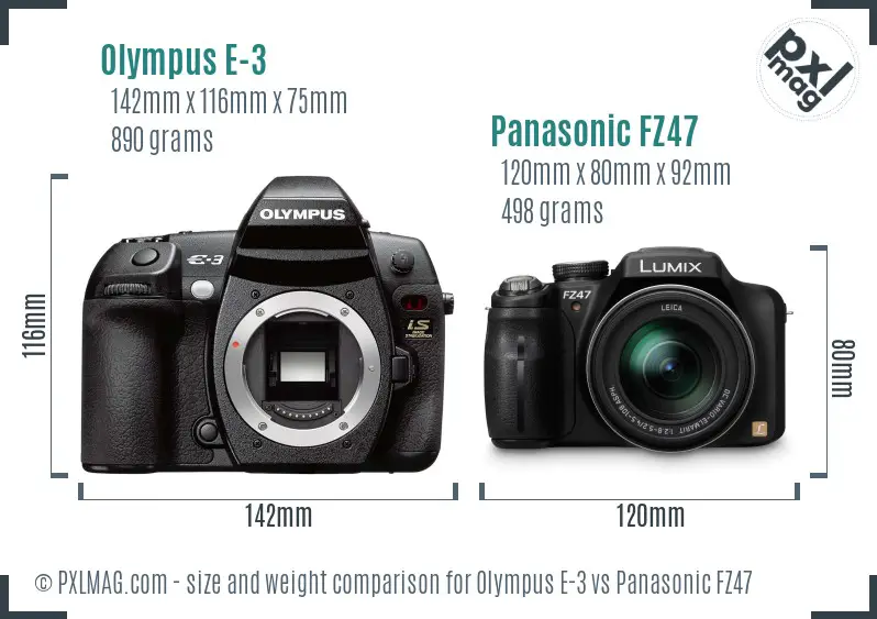 Olympus E-3 vs Panasonic FZ47 size comparison