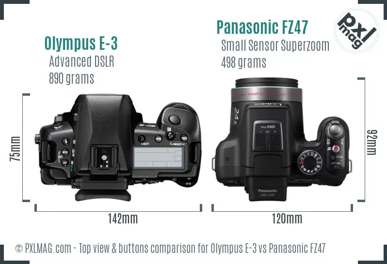 Olympus E-3 vs Panasonic FZ47 top view buttons comparison