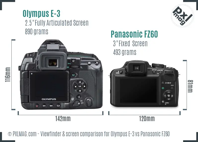 Olympus E-3 vs Panasonic FZ60 Screen and Viewfinder comparison