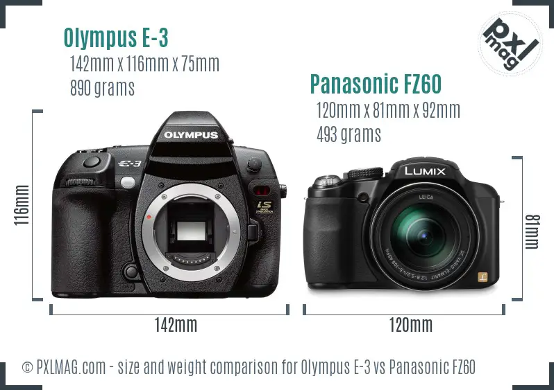Olympus E-3 vs Panasonic FZ60 size comparison