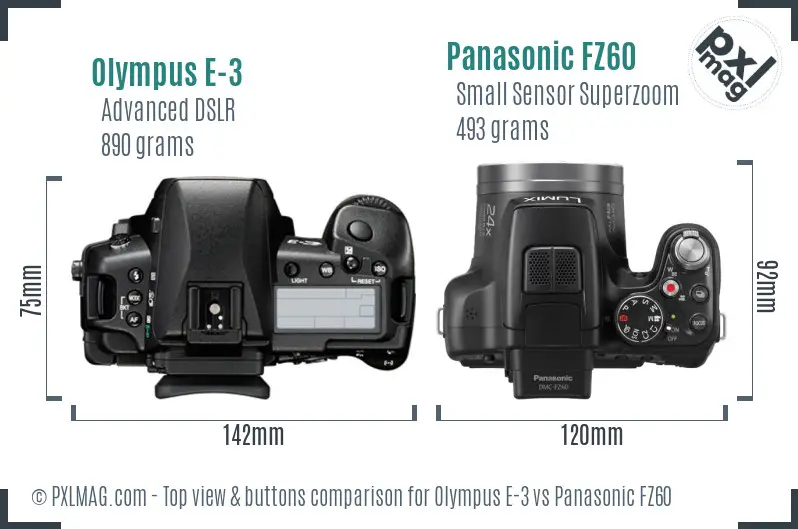 Olympus E-3 vs Panasonic FZ60 top view buttons comparison