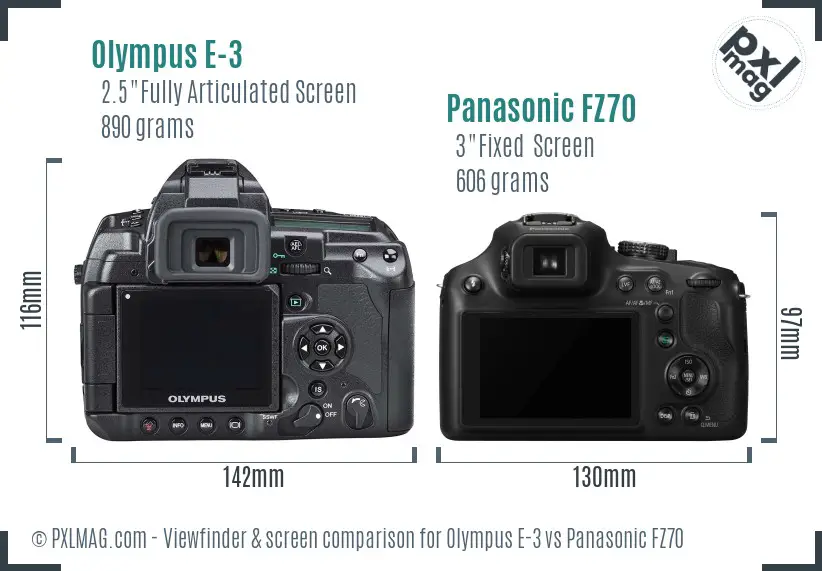 Olympus E-3 vs Panasonic FZ70 Screen and Viewfinder comparison