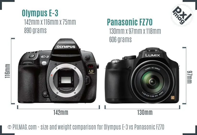 Olympus E-3 vs Panasonic FZ70 size comparison