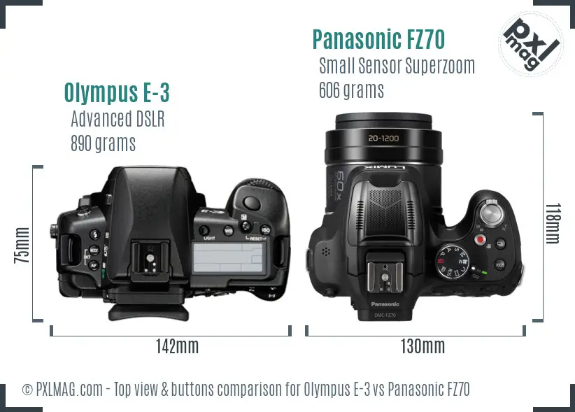 Olympus E-3 vs Panasonic FZ70 top view buttons comparison