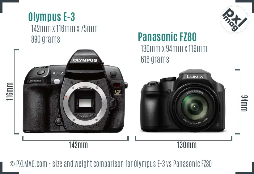 Olympus E-3 vs Panasonic FZ80 size comparison