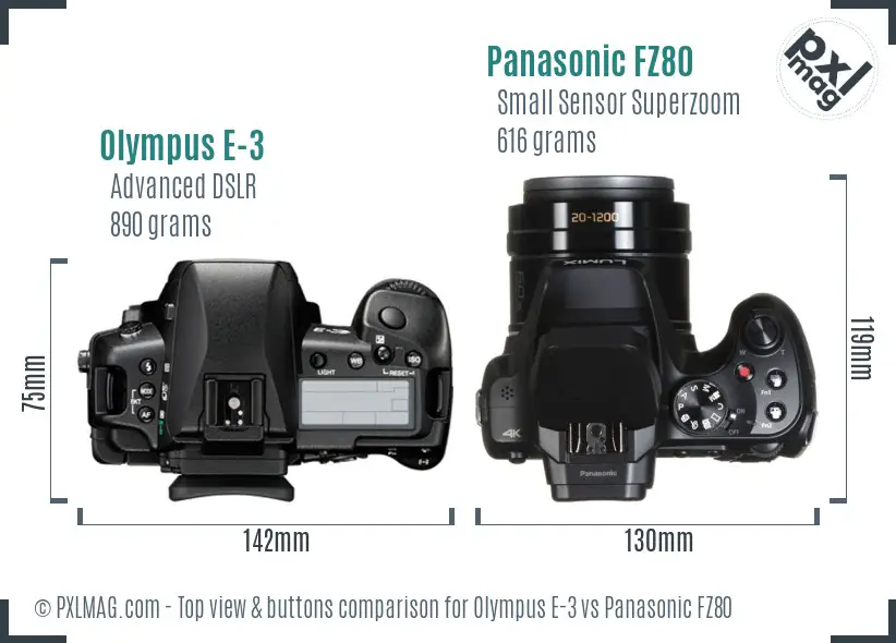 Olympus E-3 vs Panasonic FZ80 top view buttons comparison