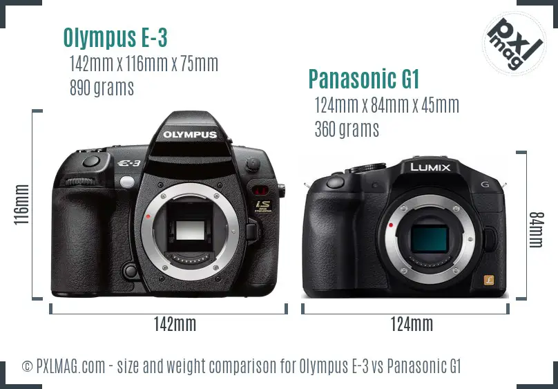 Olympus E-3 vs Panasonic G1 size comparison