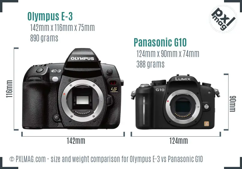 Olympus E-3 vs Panasonic G10 size comparison