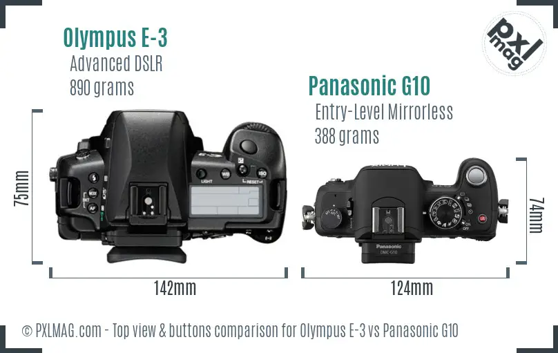 Olympus E-3 vs Panasonic G10 top view buttons comparison