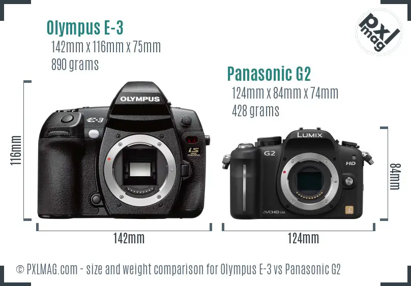 Olympus E-3 vs Panasonic G2 size comparison