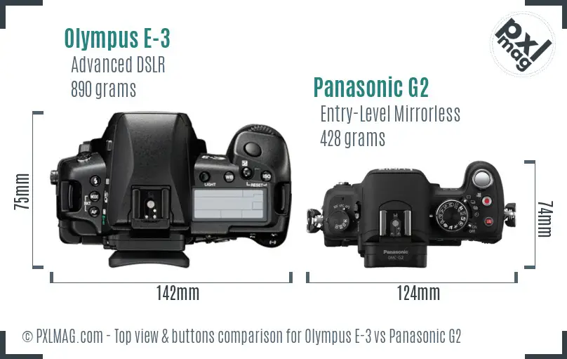 Olympus E-3 vs Panasonic G2 top view buttons comparison