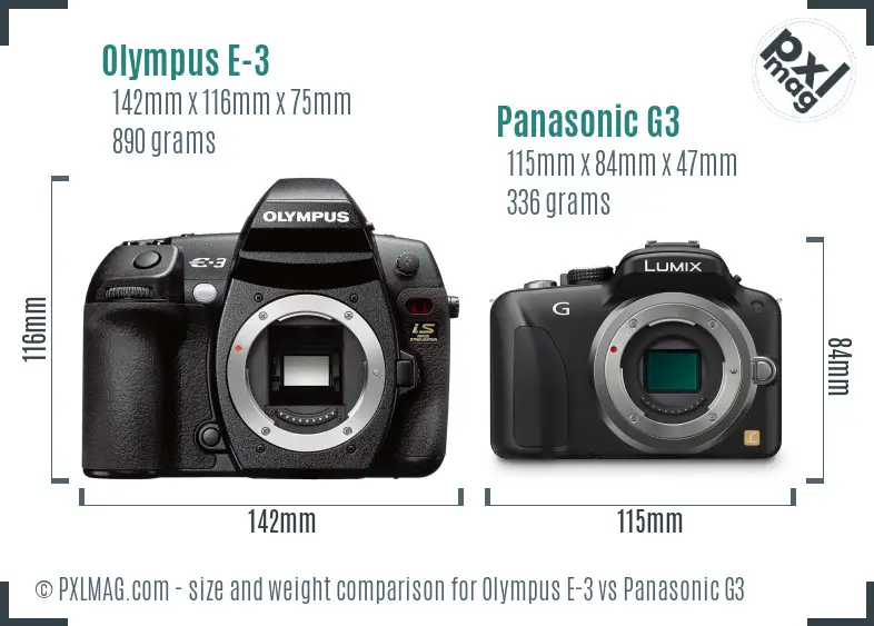 Olympus E-3 vs Panasonic G3 size comparison