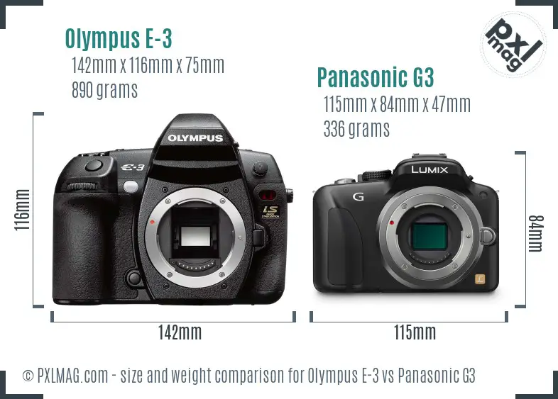 Olympus E-3 vs Panasonic G3 size comparison Olympus E-3 vs Panasonic G3 size comparison