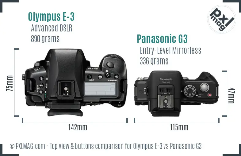 Olympus E-3 vs Panasonic G3 top view buttons comparison