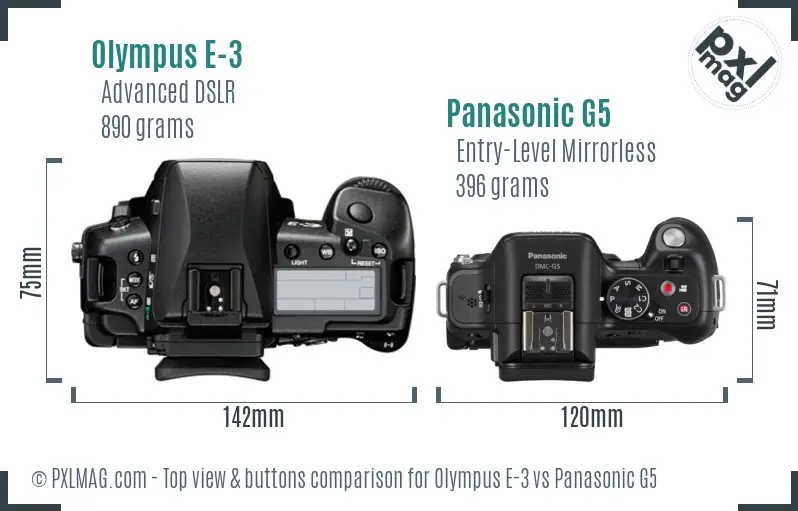 Olympus E-3 vs Panasonic G5 top view buttons comparison