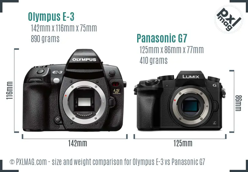 Olympus E-3 vs Panasonic G7 size comparison