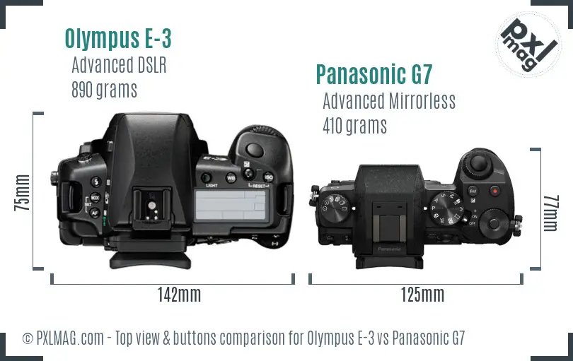 Olympus E-3 vs Panasonic G7 top view buttons comparison