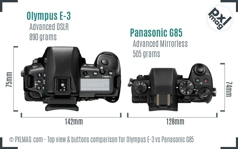 Olympus E-3 vs Panasonic G85 top view buttons comparison