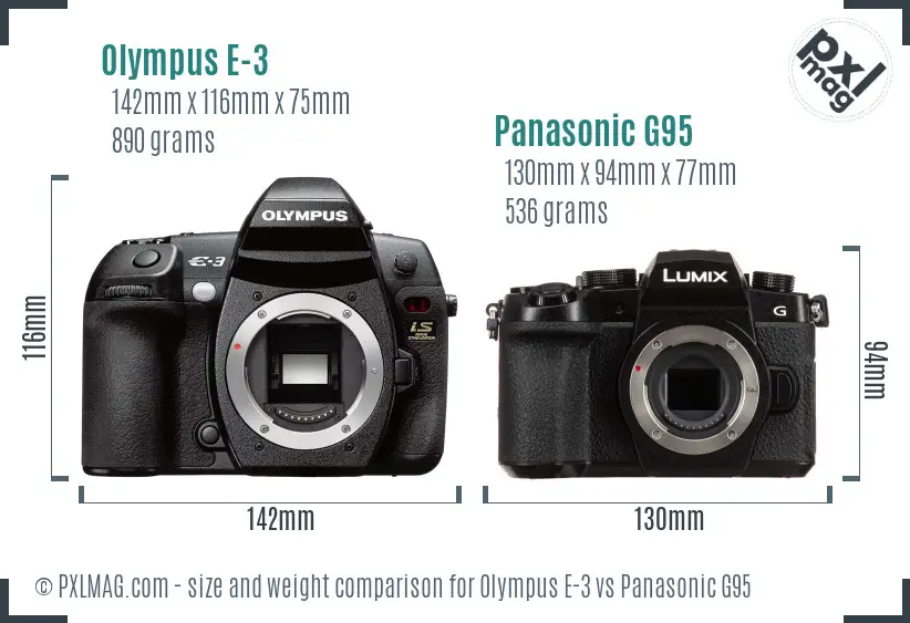 Olympus E-3 vs Panasonic G95 size comparison