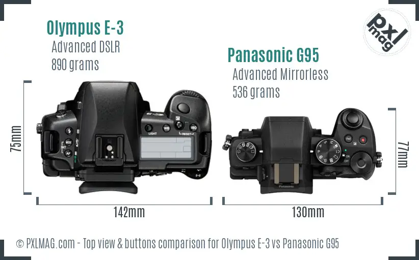 Olympus E-3 vs Panasonic G95 top view buttons comparison