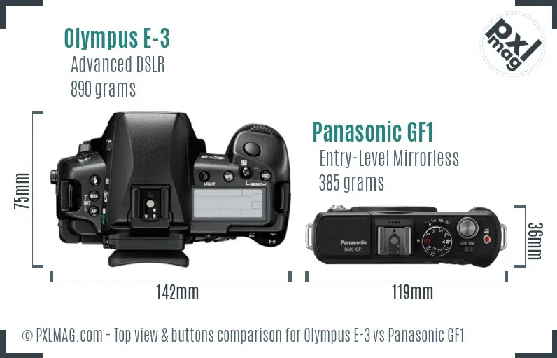 Olympus E-3 vs Panasonic GF1 top view buttons comparison