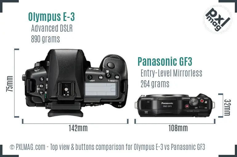 Olympus E-3 vs Panasonic GF3 top view buttons comparison