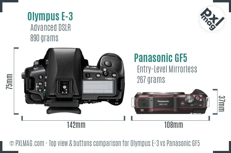 Olympus E-3 vs Panasonic GF5 top view buttons comparison