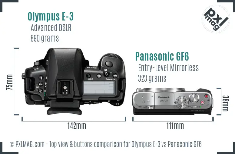 Olympus E-3 vs Panasonic GF6 top view buttons comparison