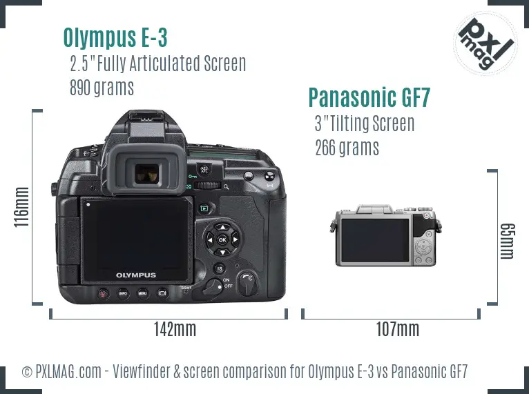 Olympus E-3 vs Panasonic GF7 Screen and Viewfinder comparison