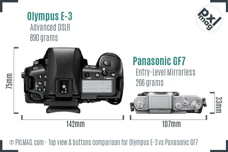 Olympus E-3 vs Panasonic GF7 top view buttons comparison
