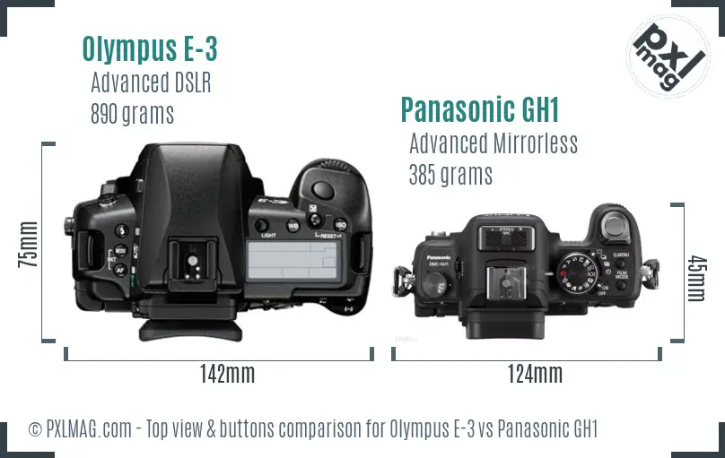 Olympus E-3 vs Panasonic GH1 top view buttons comparison