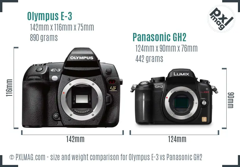 Olympus E-3 vs Panasonic GH2 size comparison