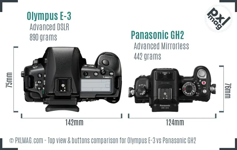 Olympus E-3 vs Panasonic GH2 top view buttons comparison