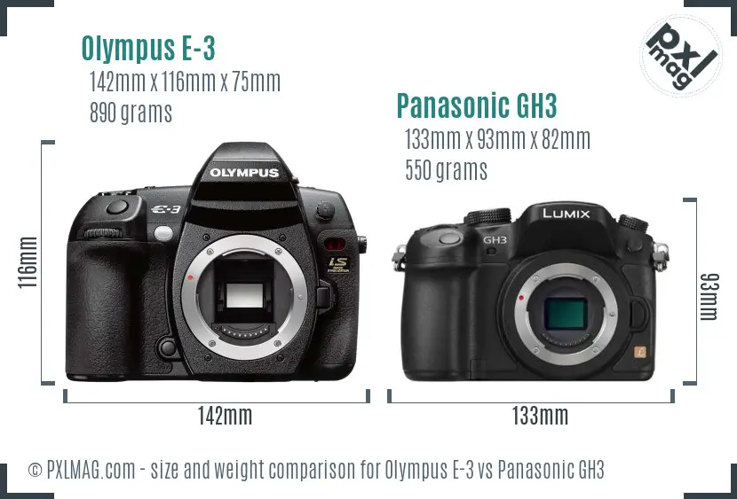 Olympus E-3 vs Panasonic GH3 size comparison