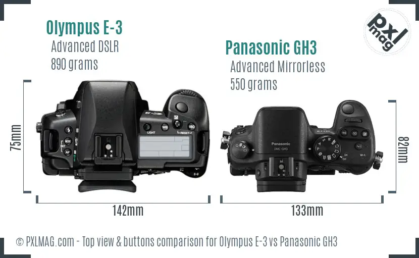 Olympus E-3 vs Panasonic GH3 top view buttons comparison