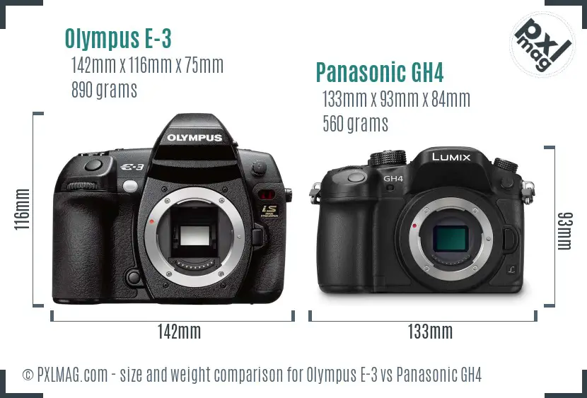 Olympus E-3 vs Panasonic GH4 size comparison