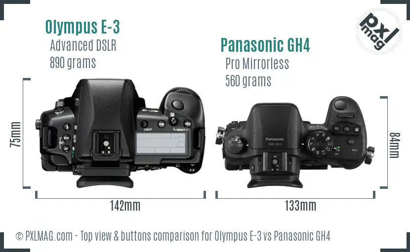 Olympus E-3 vs Panasonic GH4 top view buttons comparison