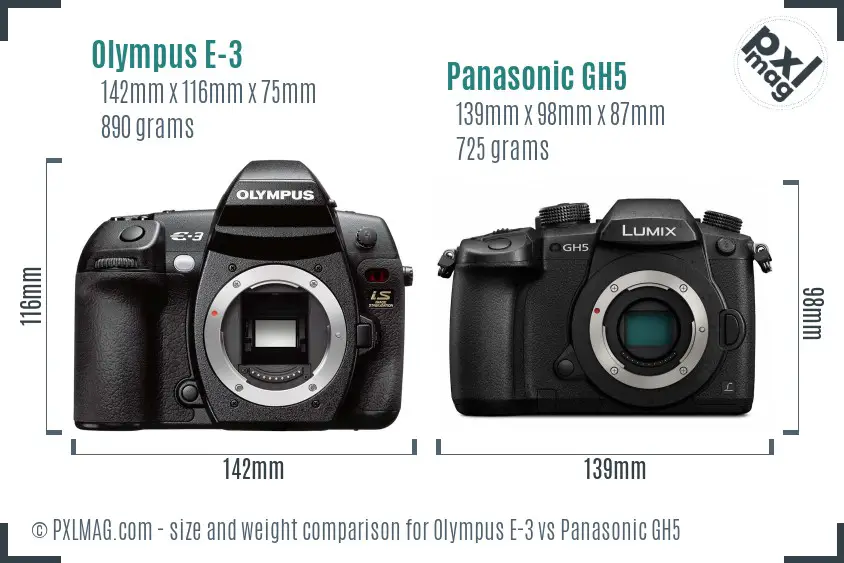 Olympus E-3 vs Panasonic GH5 size comparison