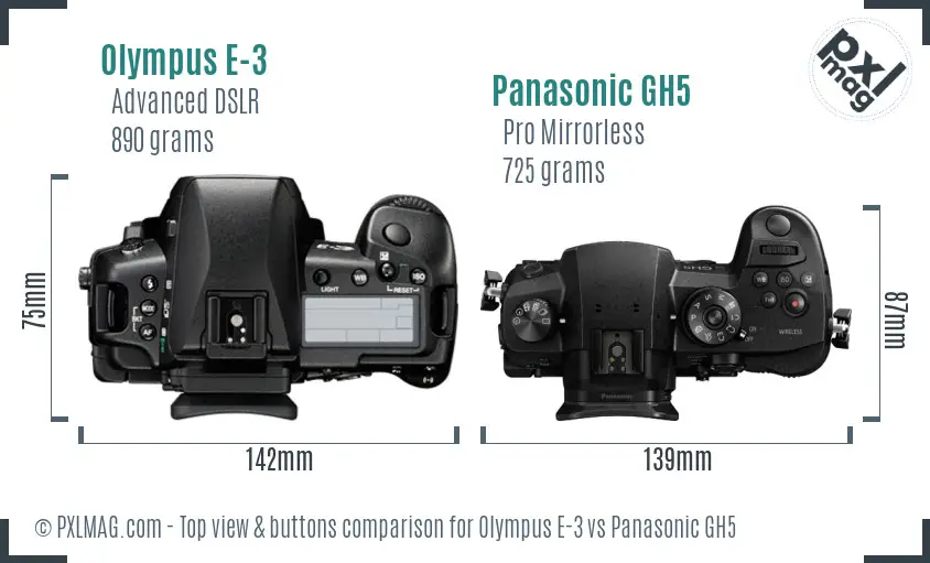 Olympus E-3 vs Panasonic GH5 top view buttons comparison