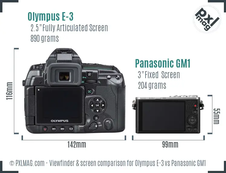 Olympus E-3 vs Panasonic GM1 Screen and Viewfinder comparison