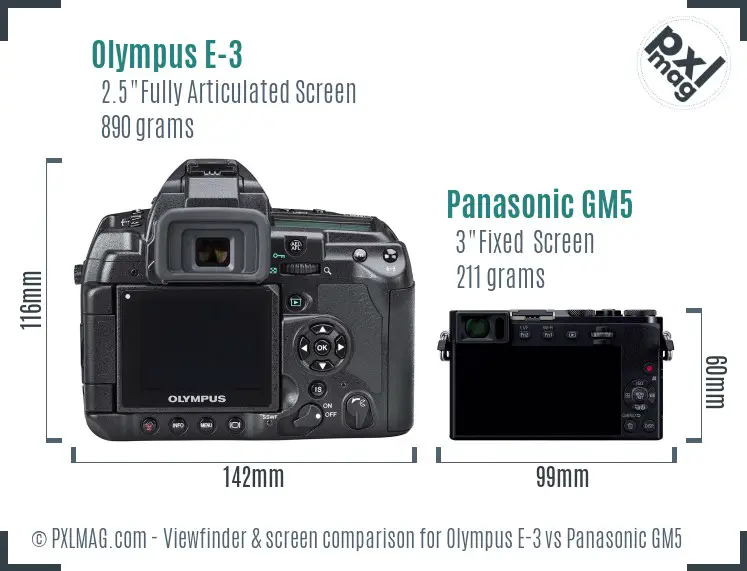 Olympus E-3 vs Panasonic GM5 Screen and Viewfinder comparison