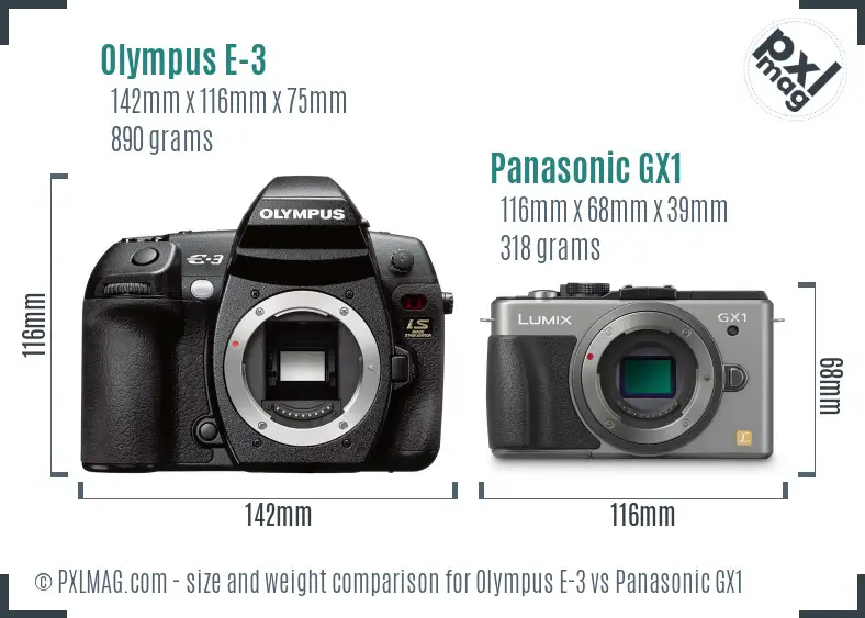 Olympus E-3 vs Panasonic GX1 size comparison