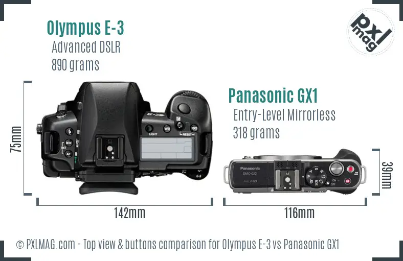 Olympus E-3 vs Panasonic GX1 top view buttons comparison