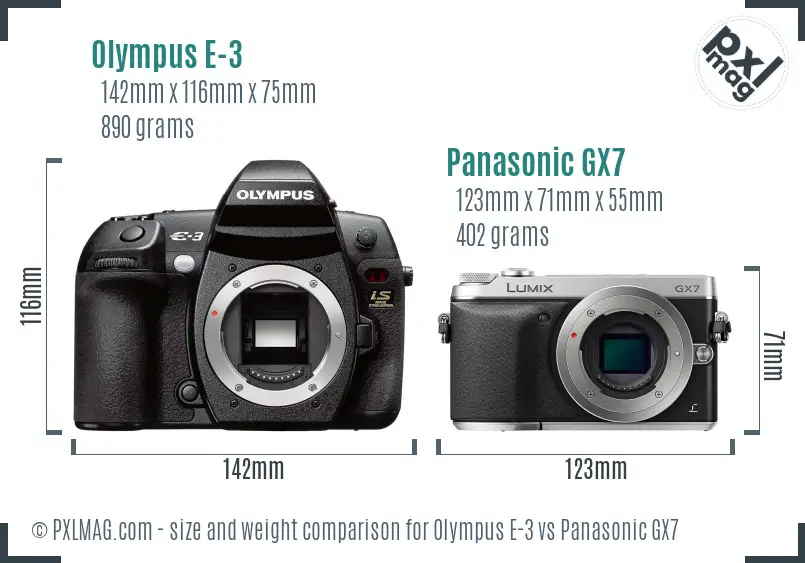 Olympus E-3 vs Panasonic GX7 size comparison