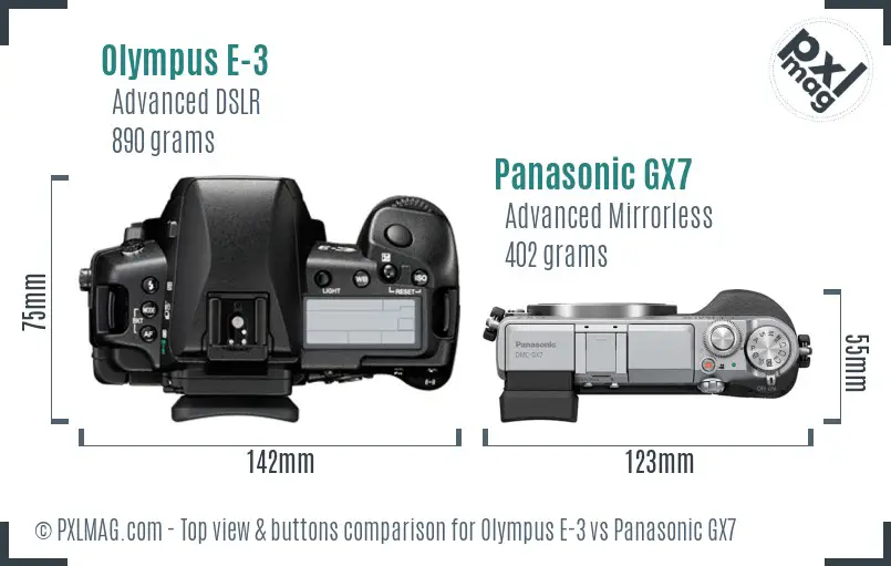 Olympus E-3 vs Panasonic GX7 top view buttons comparison