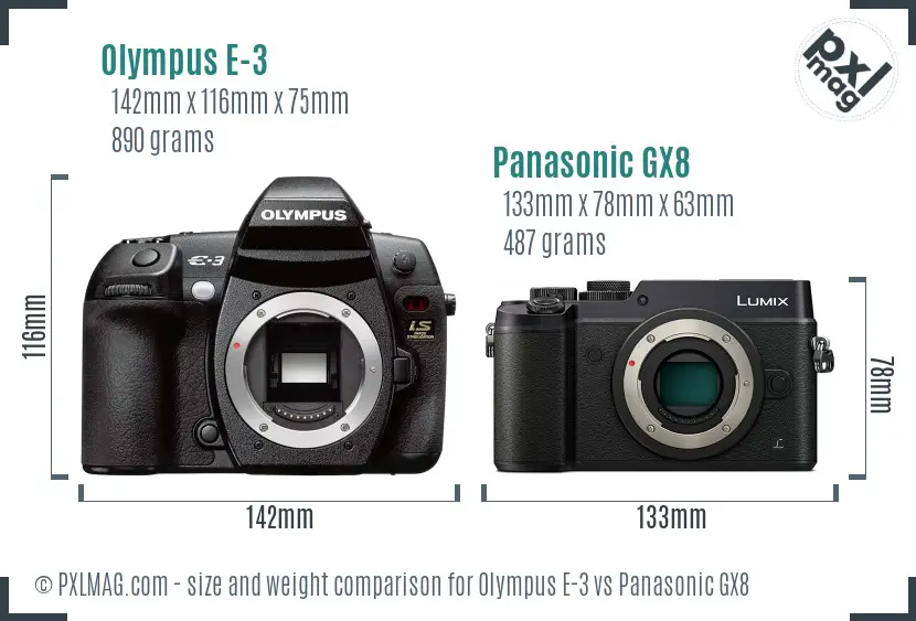 Olympus E-3 vs Panasonic GX8 size comparison