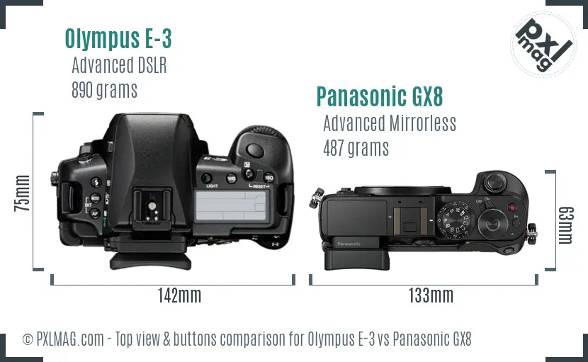 Olympus E-3 vs Panasonic GX8 top view buttons comparison