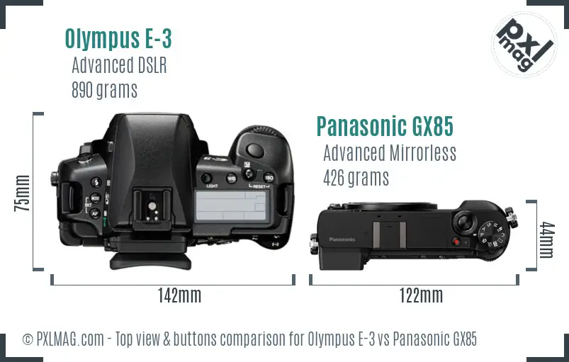 Olympus E-3 vs Panasonic GX85 top view buttons comparison