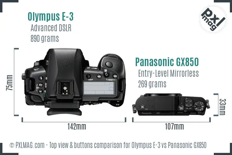 Olympus E-3 vs Panasonic GX850 top view buttons comparison