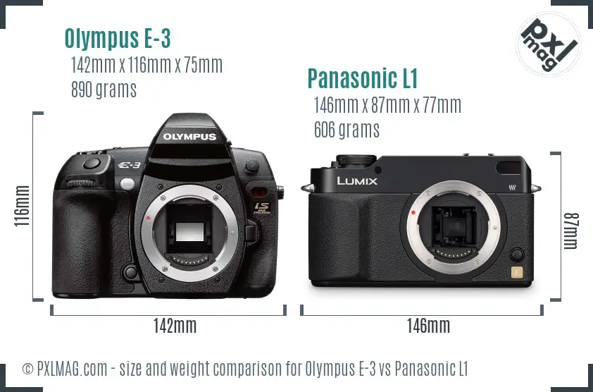 Olympus E-3 vs Panasonic L1 size comparison
